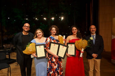 (v.l.) Sebastian Schwarz, Hannah De Priest, Shira Patchornik, Jasmin Delfs, Rémy Bres-Feuillet, Alessandro De Marchi © Celina Friedrichs