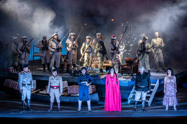 Didone abbandonata (v.l.) Pietro Di Bianco (Osmida), Diego Godoy (Araspe), Katrin Wundsam (Enea), Viktorija Miškūnaité (Didone), Carlo Allemano (Jarba), Emilie Renard (Selene);
© Innsbrucker Festwochen / Rupert Larl