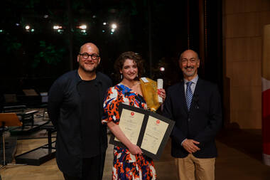 (v.l.) Sebastian Schwarz, Shira Patchornik, Alessandro De Marchi © Celina Friedrichs