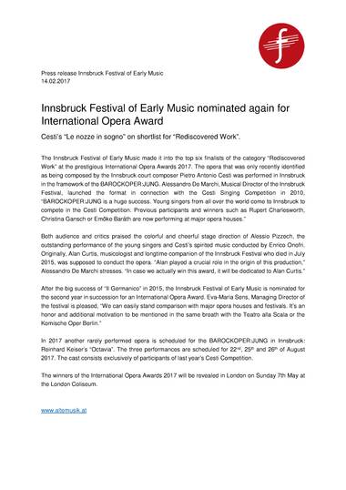 Innsbruck Festival nominated at Opera Awards
